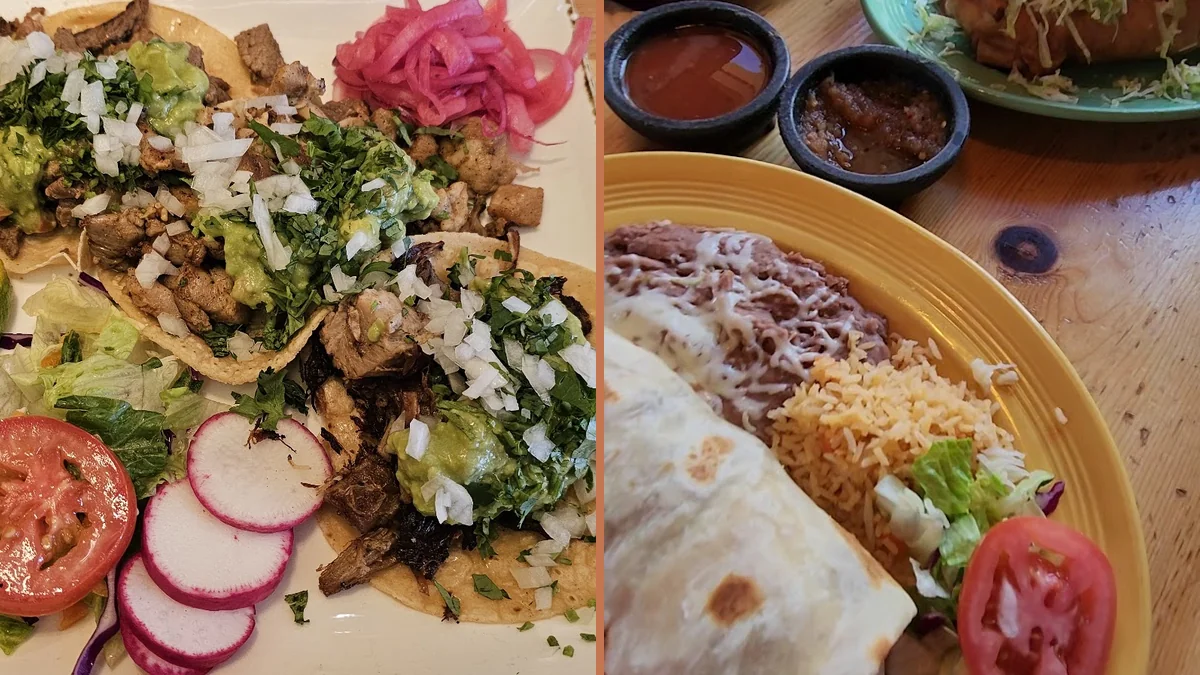 Colorful Mexican plates on a busy restaurant table.